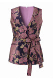 Fato feminino rosa azul-marinho floral decote em V com cinto