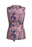 Fato feminino rosa azul-marinho floral decote em V com cinto