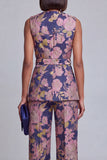 Fato feminino rosa azul-marinho floral decote em V com cinto