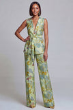 Fato feminino rosa azul-marinho floral decote em V com cinto
