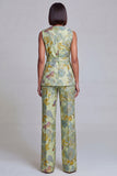 Fato feminino rosa azul-marinho floral decote em V com cinto