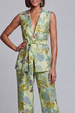 Fato feminino rosa azul-marinho floral decote em V com cinto