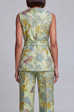 Fato feminino rosa azul-marinho floral decote em V com cinto
