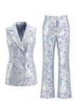 Fato feminino floral azul empoeirado, com lapela de dois peças,