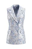 Fato feminino floral azul empoeirado, com lapela de dois peças,