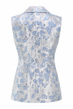Fato feminino floral azul empoeirado, com lapela de dois peças,