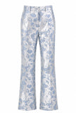 Fato feminino floral azul empoeirado, com lapela de dois peças,