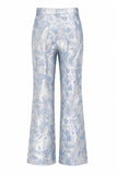 Fato feminino floral azul empoeirado, com lapela de dois peças,