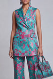 Fato feminino floral azul empoeirado, com lapela de dois peças,