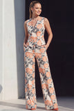 Fato feminino floral azul-marinho de duas peças, com bolsos