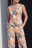 Fato feminino floral azul-marinho de duas peças, com bolsos