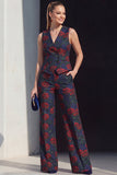 Fato feminino floral azul-marinho de duas peças, com bolsos