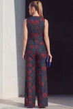 Fato feminino floral azul-marinho de duas peças, com bolsos