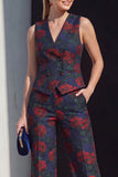 Fato feminino floral azul-marinho de duas peças, com bolsos