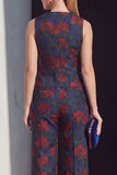 Fato feminino floral azul-marinho de duas peças, com bolsos