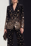 Fato feminino de lapela Peak de 2 peças Black Champagne com lantejoulas