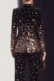Fato feminino de lapela Peak de 2 peças Black Champagne com lantejoulas