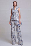 Fato feminino Jacquard Floral de 2 peças Peak Lapela Cinzento Azul