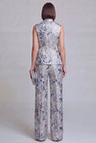 Fato feminino Jacquard Floral de 2 peças Peak Lapela Cinzento Azul
