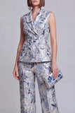 Fato feminino Jacquard Floral de 2 peças Peak Lapela Cinzento Azul