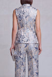 Fato feminino Jacquard Floral de 2 peças Peak Lapela Cinzento Azul