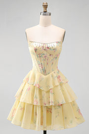 Espartilho Amarelo Amarelo Sem Alças, Vestido de Regresso a Casa Floral em Camadas
