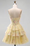 Espartilho Amarelo Amarelo Sem Alças, Vestido de Regresso a Casa Floral em Camadas