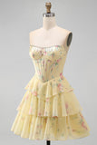 Espartilho Amarelo Amarelo Sem Alças, Vestido de Regresso a Casa Floral em Camadas