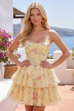 Espartilho Amarelo Amarelo Sem Alças, Vestido de Regresso a Casa Floral em Camadas