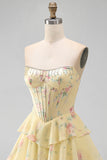 Espartilho Amarelo Amarelo Sem Alças, Vestido de Regresso a Casa Floral em Camadas