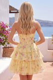 Espartilho Amarelo Amarelo Sem Alças, Vestido de Regresso a Casa Floral em Camadas
