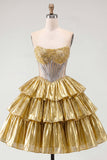 Vestido de Homecoming em camadas, espartilho transparente sem alças Golden A-Line com bordas