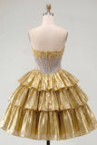 Vestido de Homecoming em camadas, espartilho transparente sem alças Golden A-Line com bordas