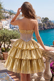 Vestido de Homecoming em camadas, espartilho transparente sem alças Golden A-Line com bordas
