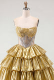 Vestido de Homecoming em camadas, espartilho transparente sem alças Golden A-Line com bordas