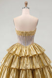 Vestido de Homecoming em camadas, espartilho transparente sem alças Golden A-Line com bordas