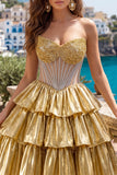 Vestido de Homecoming em camadas, espartilho transparente sem alças Golden A-Line com bordas