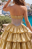 Vestido de Homecoming em camadas, espartilho transparente sem alças Golden A-Line com bordas