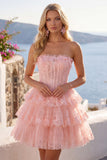 Vestido de regresso a casa, Blush A-Line A-Line Blush sem alças, Espartilho floral sem alças