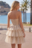 Vestido de finalistas em galãs com laço em galã de chiffon preto com pontos pretos de damasco.