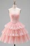 Espartilho floral de tule A-Line A-Line cor-de-rosa Vestido de regresso a casa em camadas