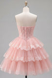 Espartilho floral de tule A-Line A-Line cor-de-rosa Vestido de regresso a casa em camadas