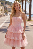 Espartilho floral de tule A-Line A-Line cor-de-rosa Vestido de regresso a casa em camadas