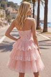 Espartilho floral de tule A-Line A-Line cor-de-rosa Vestido de regresso a casa em camadas