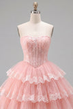 Espartilho floral de tule A-Line A-Line cor-de-rosa Vestido de regresso a casa em camadas