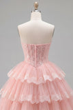 Espartilho floral de tule A-Line A-Line cor-de-rosa Vestido de regresso a casa em camadas