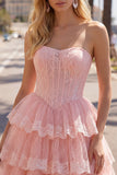 Espartilho floral de tule A-Line A-Line cor-de-rosa Vestido de regresso a casa em camadas
