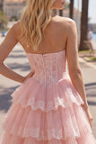 Espartilho floral de tule A-Line A-Line cor-de-rosa Vestido de regresso a casa em camadas