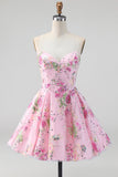 Vestido de regresso a casa floral cor-de-rosa, lantejoulas sem alças, com renda nas costas