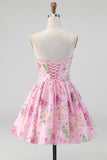 Vestido de regresso a casa floral cor-de-rosa, lantejoulas sem alças, com renda nas costas